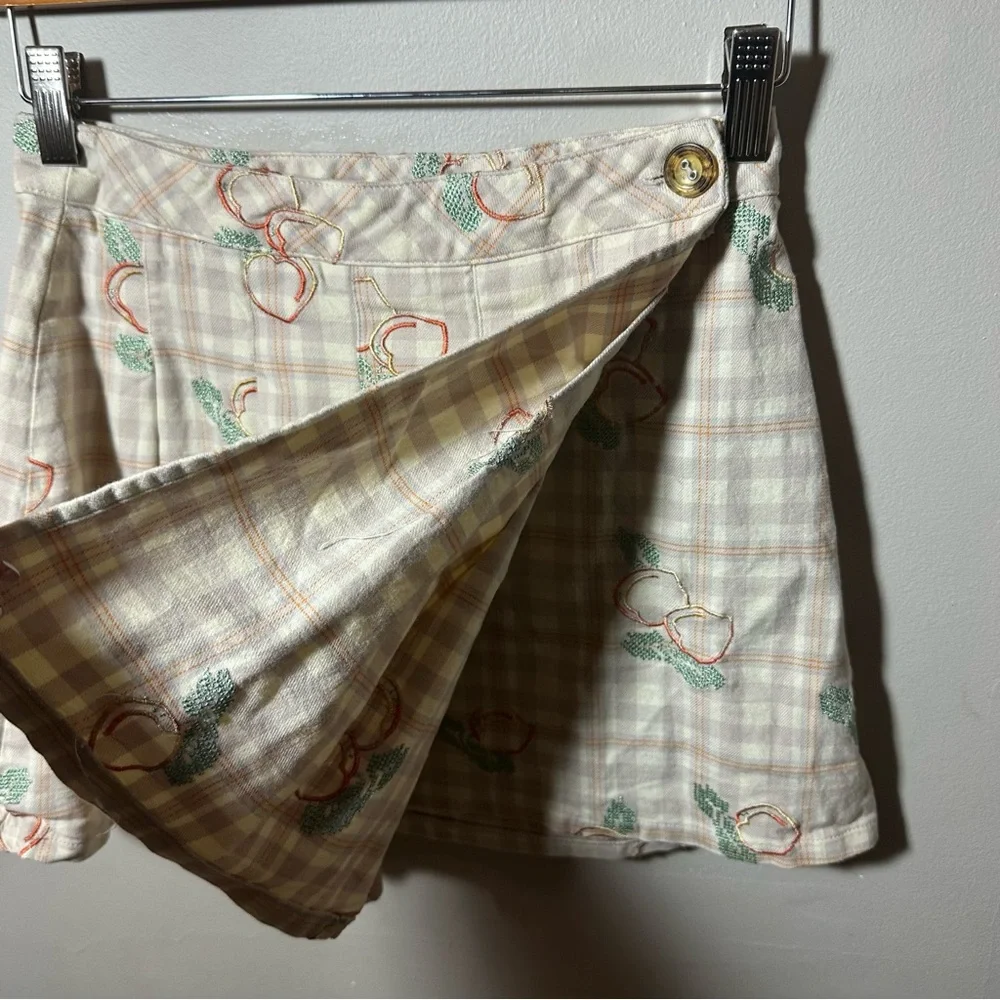 Urban Outfitters Plaid Embroidered Peach Print Wrap Pleated Skirt Size Small - Picture 8 of 11